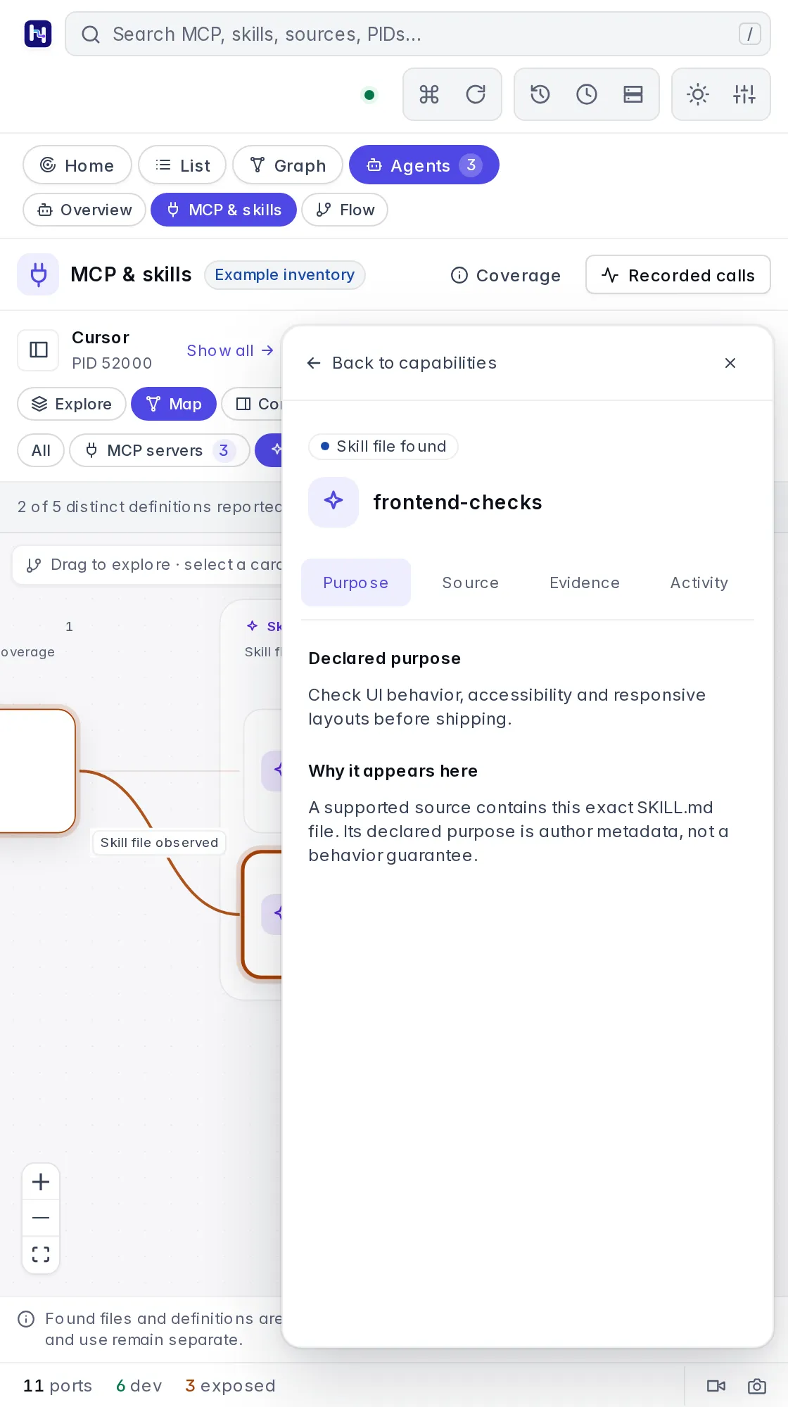 A narrow capability map opens selected details in a dismissible inspector