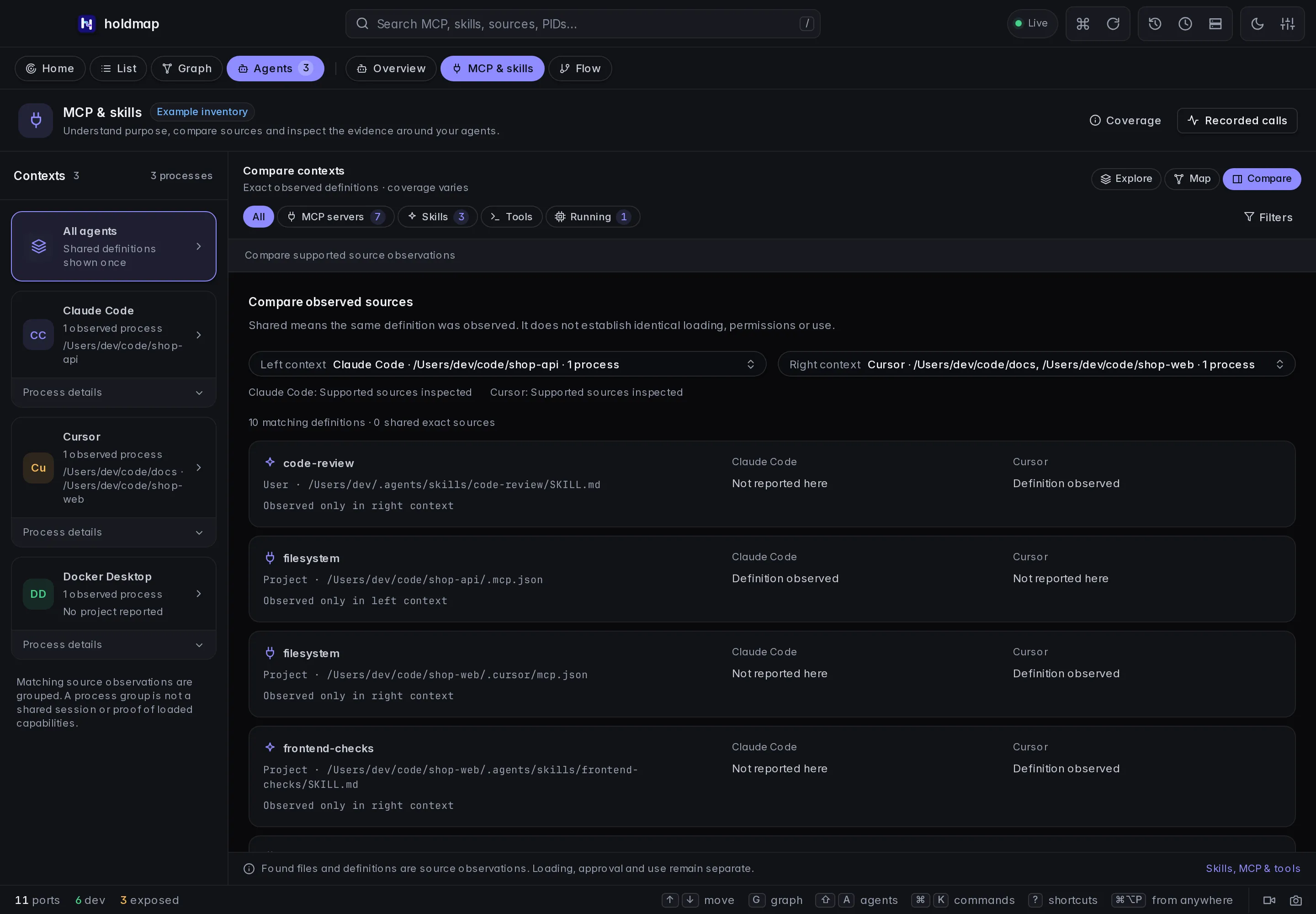 Compare keeps two filesystem aliases at different source paths separate and labels missing observations Not reported here