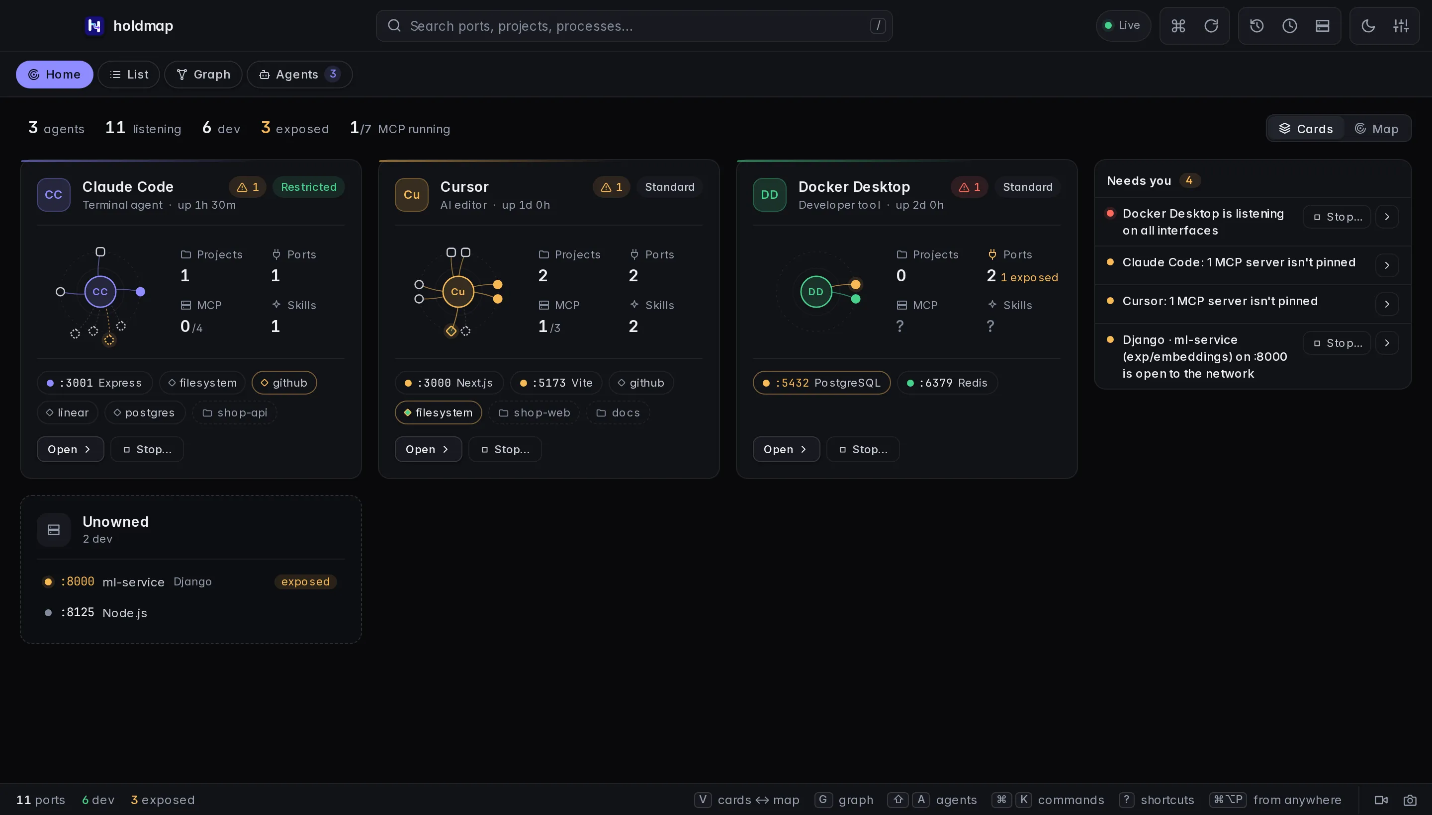 Home as Cards: one card per agent with its projects, ports, MCP servers and skills, and a Needs you list beside them.