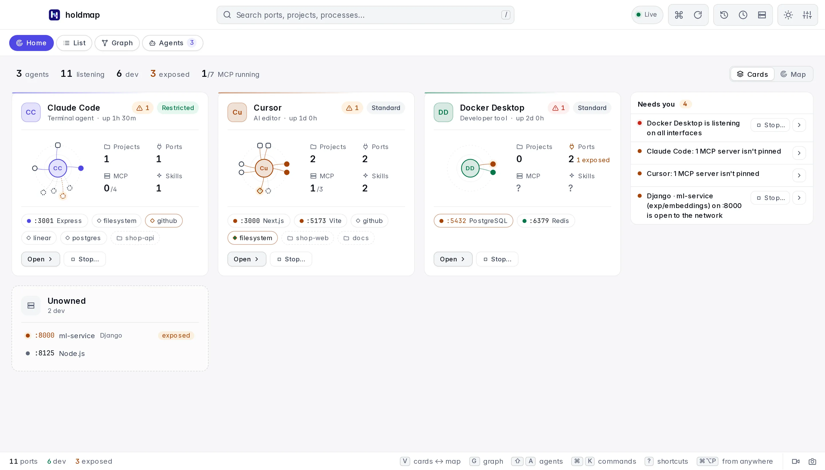 Home as Cards: one card per agent with its projects, ports, MCP servers and skills, and a Needs you list beside them.