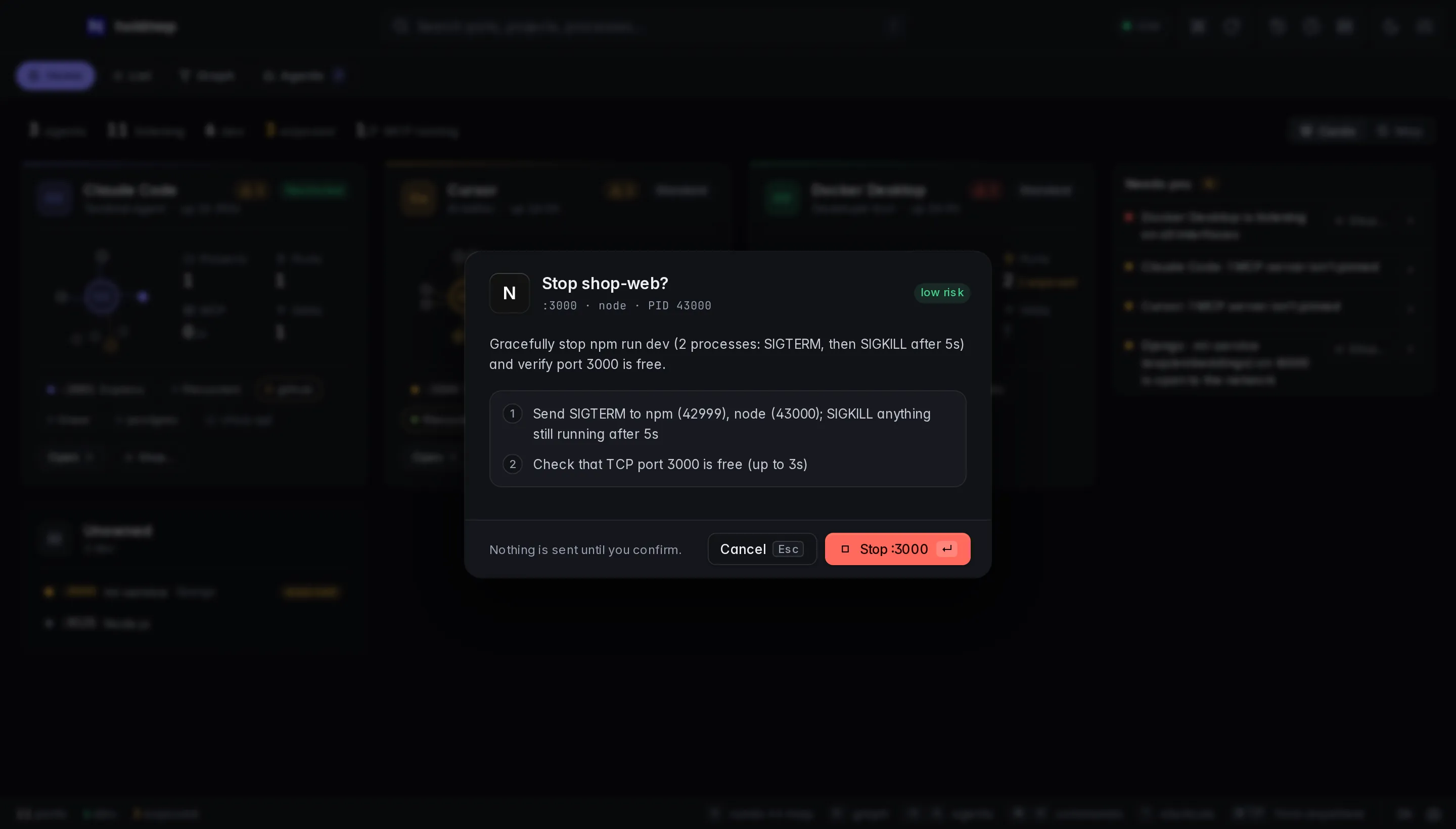 The stop plan for port 3000: SIGTERM, then SIGKILL after 5 seconds, then a check that the port is free, with Cancel and Stop.
