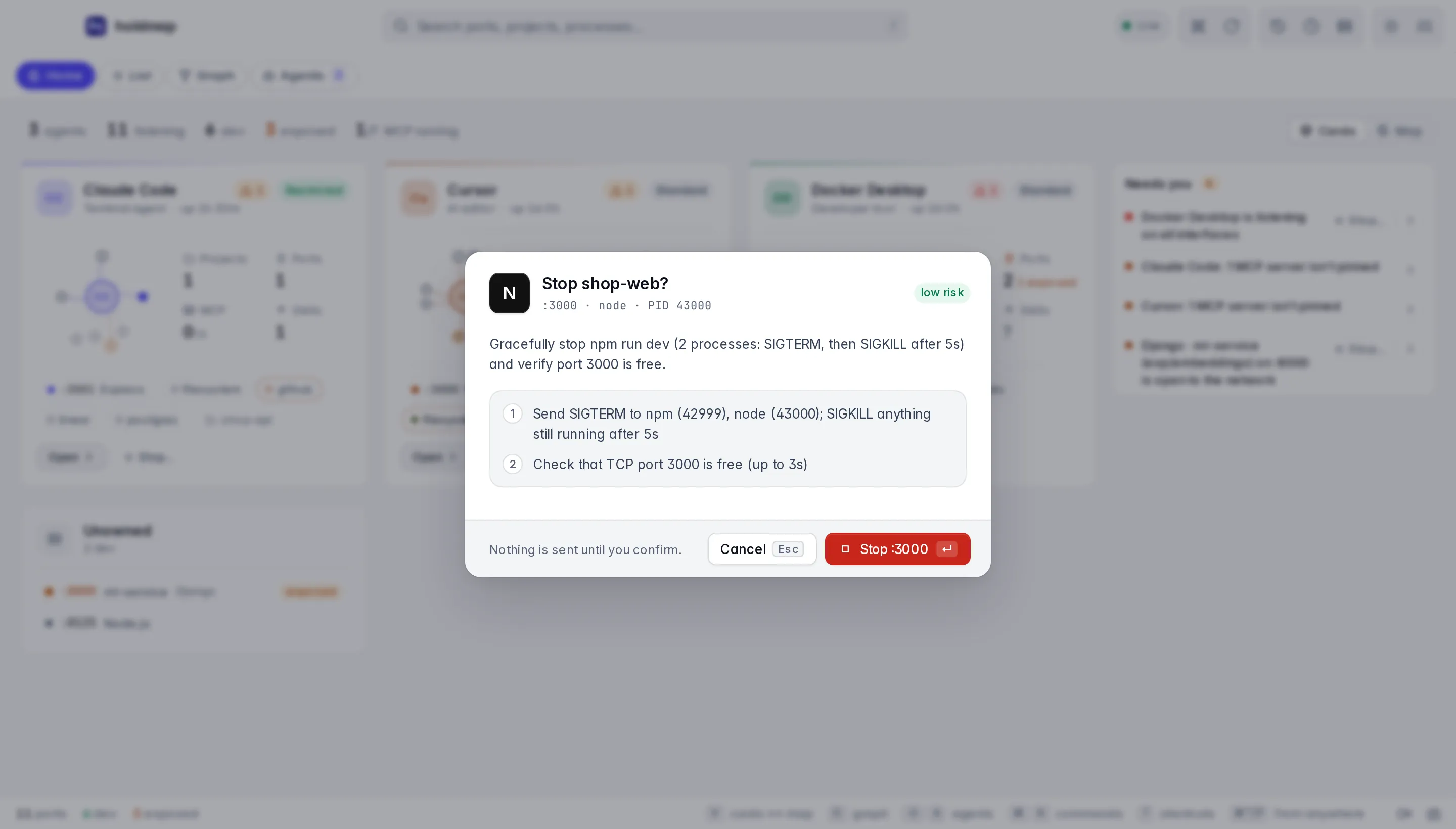 The stop plan for port 3000: SIGTERM, then SIGKILL after 5 seconds, then a check that the port is free, with Cancel and Stop.