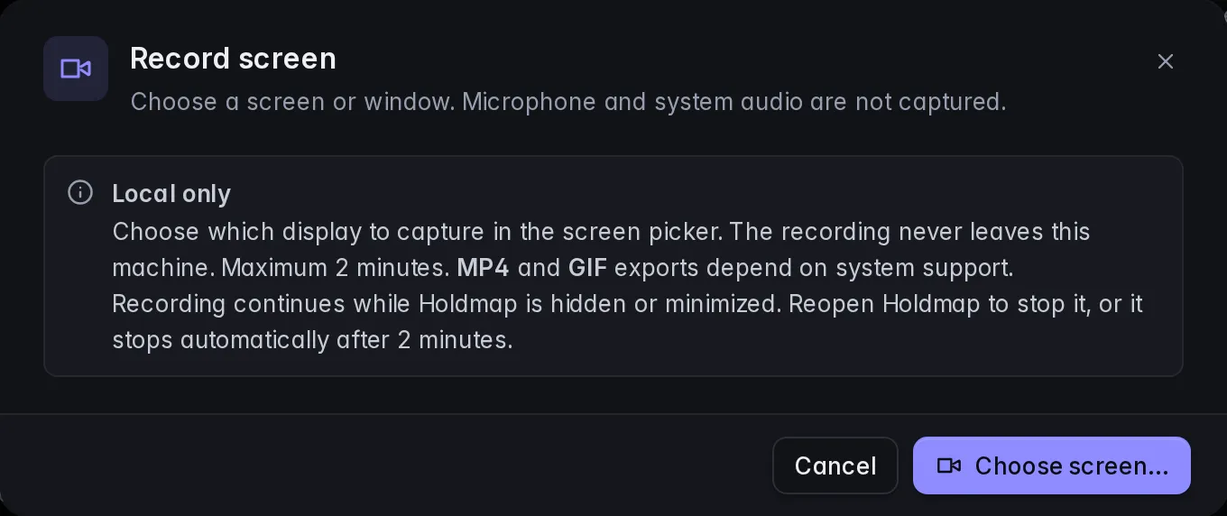 Screen recording consent explains local MP4 and GIF exports, the two-minute limit and the screen picker