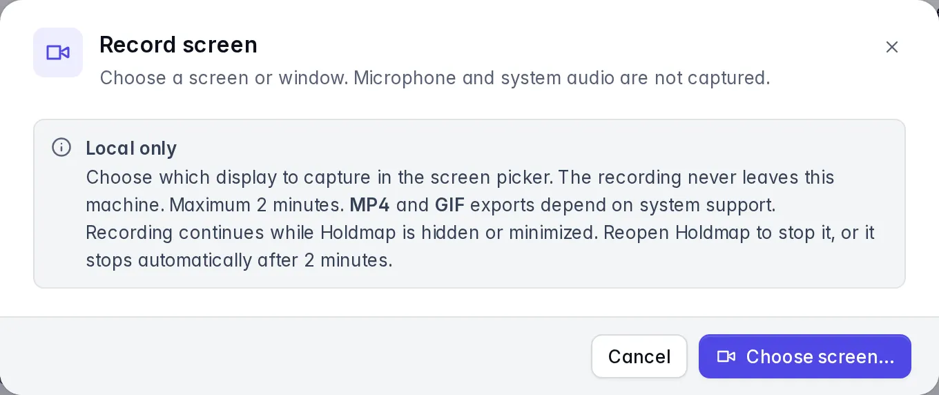 Screen recording consent explains local MP4 and GIF exports, the two-minute limit and the screen picker