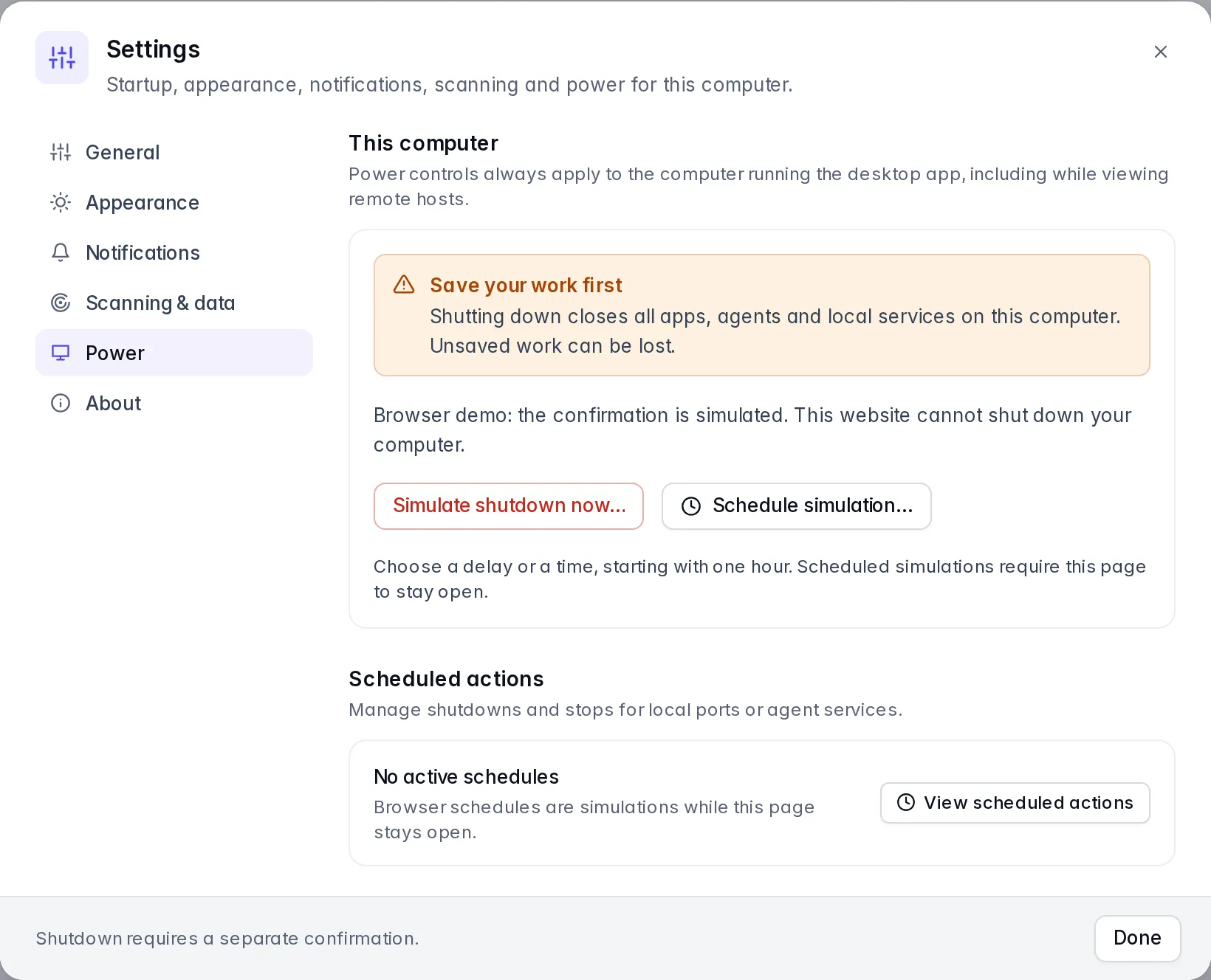 Power settings offer separate immediate and scheduled simulations with clear local scope