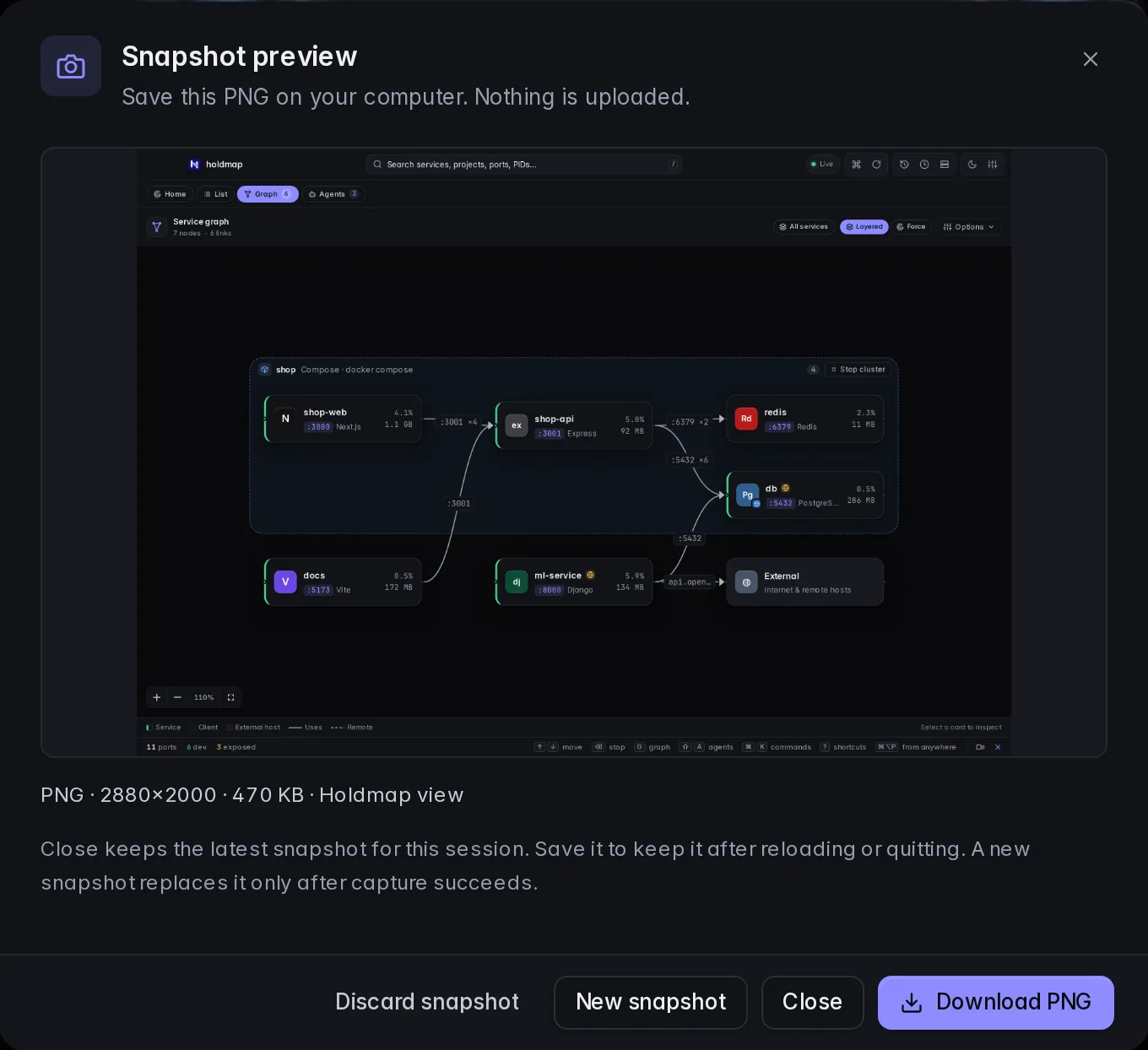 PNG snapshot review in dark theme, with local save and discard controls