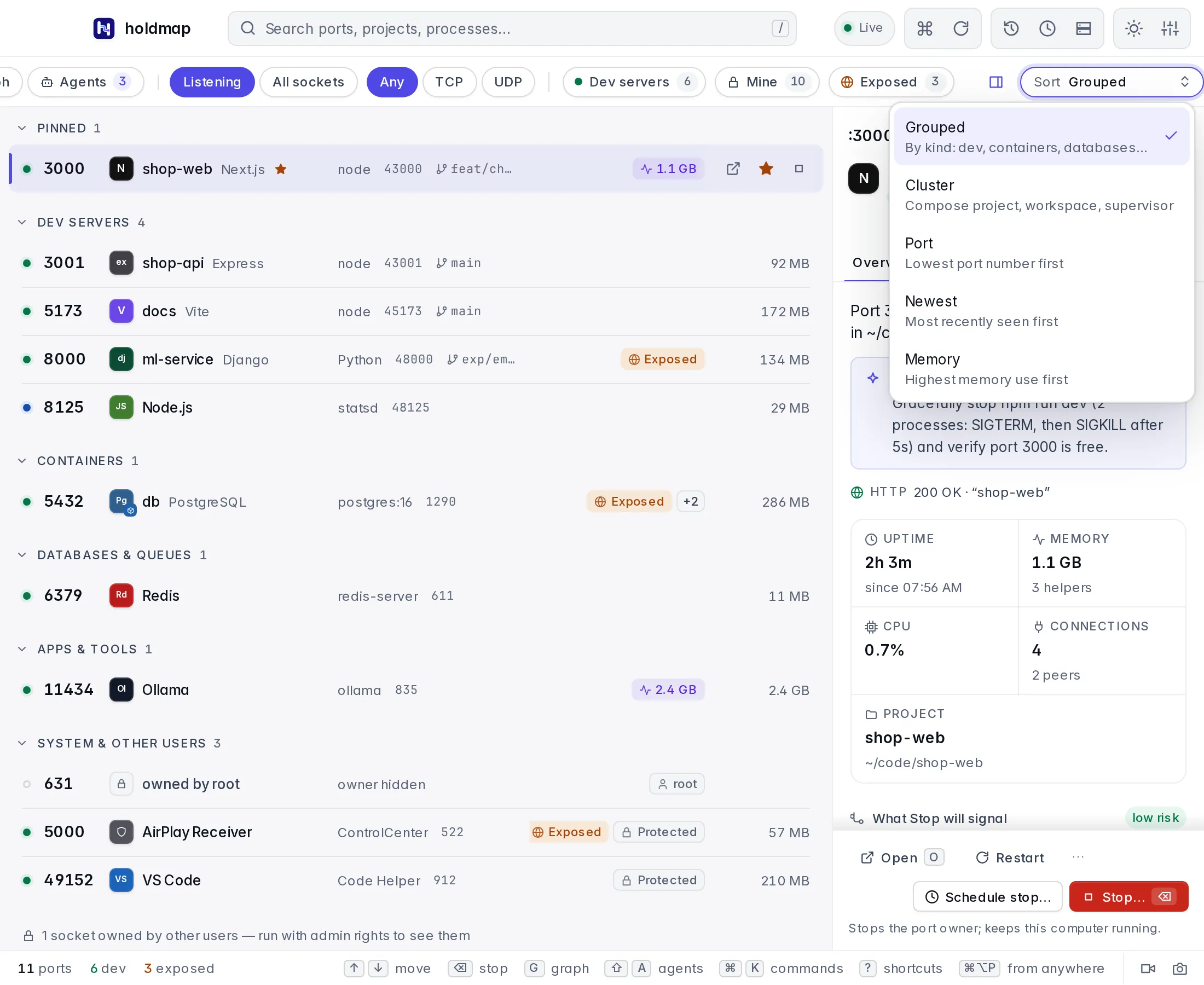 The Sort menu remains within the right edge with readable grouping descriptions