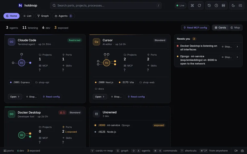 A tour of holdmap with sample data: the Home overview of agents and their ports, the machine map, a stop plan for shop-web on port 3000, the port becoming free, and the MCP servers and skills each agent can use.