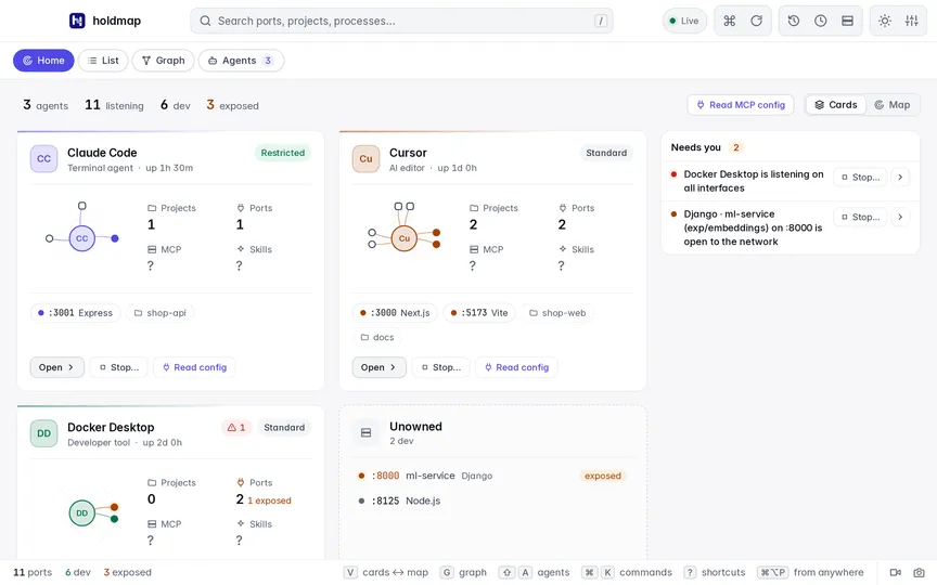A tour of holdmap with sample data: the Home overview of agents and their ports, the machine map, a stop plan for shop-web on port 3000, the port becoming free, and the MCP servers and skills each agent can use.