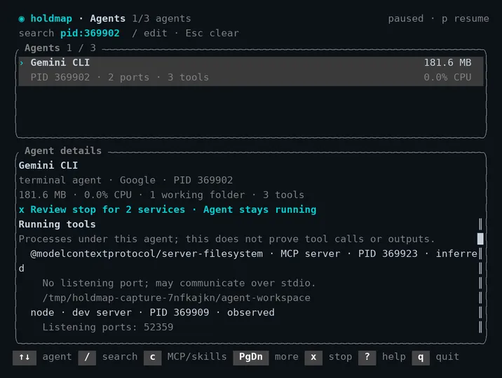 An 80-column terminal keeps agent identity visible while tool details scroll