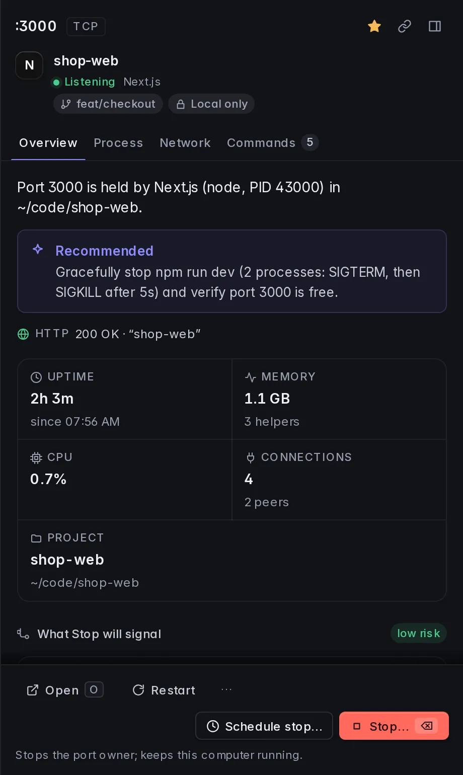 Port 3000's detail pane: shop-web, Next.js, branch feat/checkout, and a recommended action.