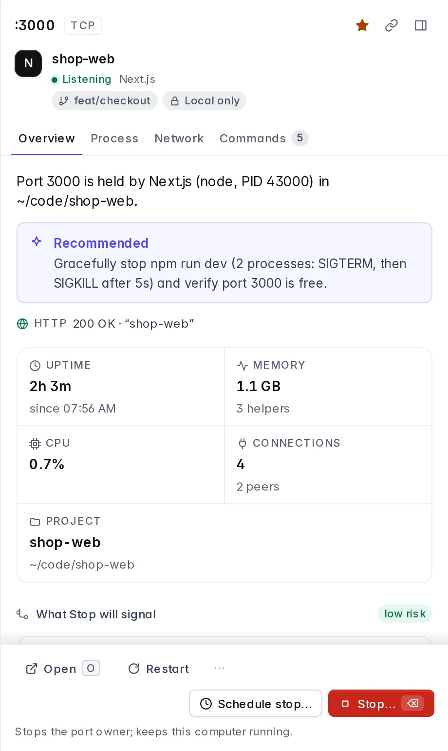 Port 3000's detail pane: shop-web, Next.js, branch feat/checkout, and a recommended action.