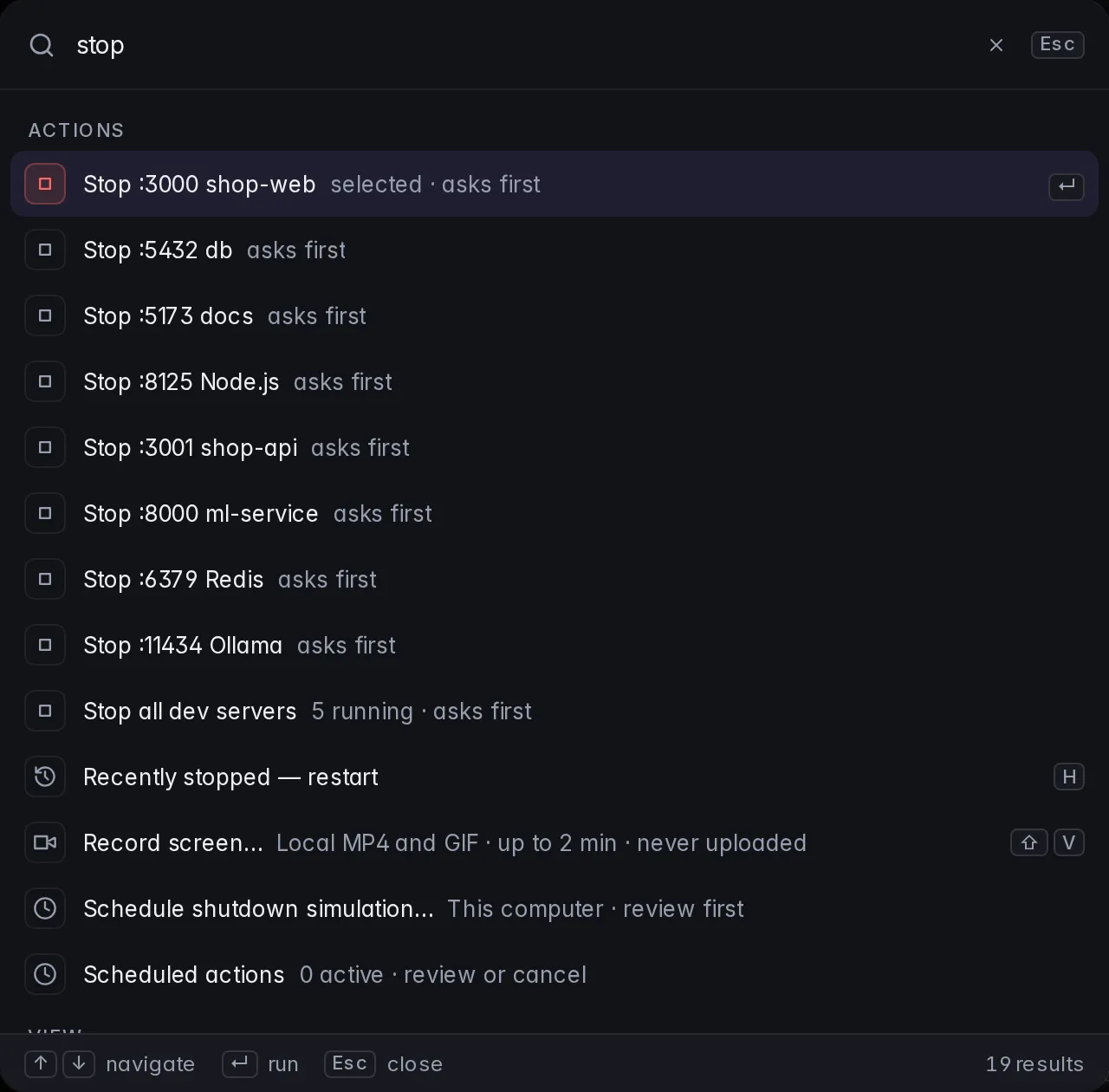 The command palette filtered to stop actions.