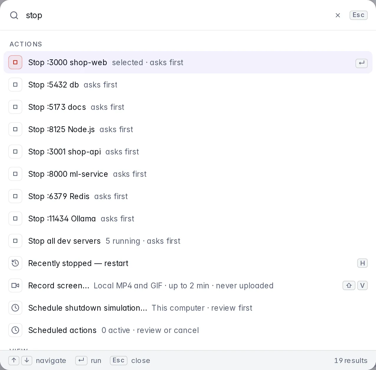 The command palette filtered to stop actions.